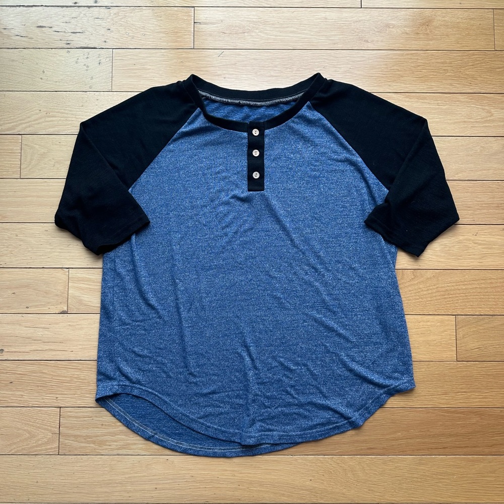Blue and Black Raglan 3/4 Sleeve Henley Shirt